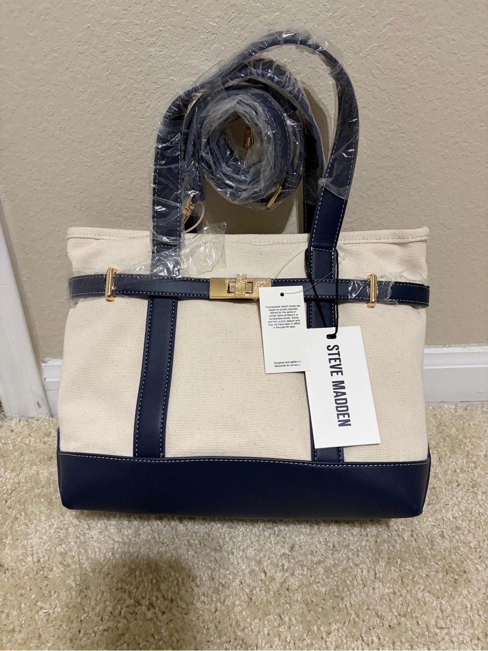 Steve Madden Cream Canvas Tote with Navy Trim and Gold Hardware
